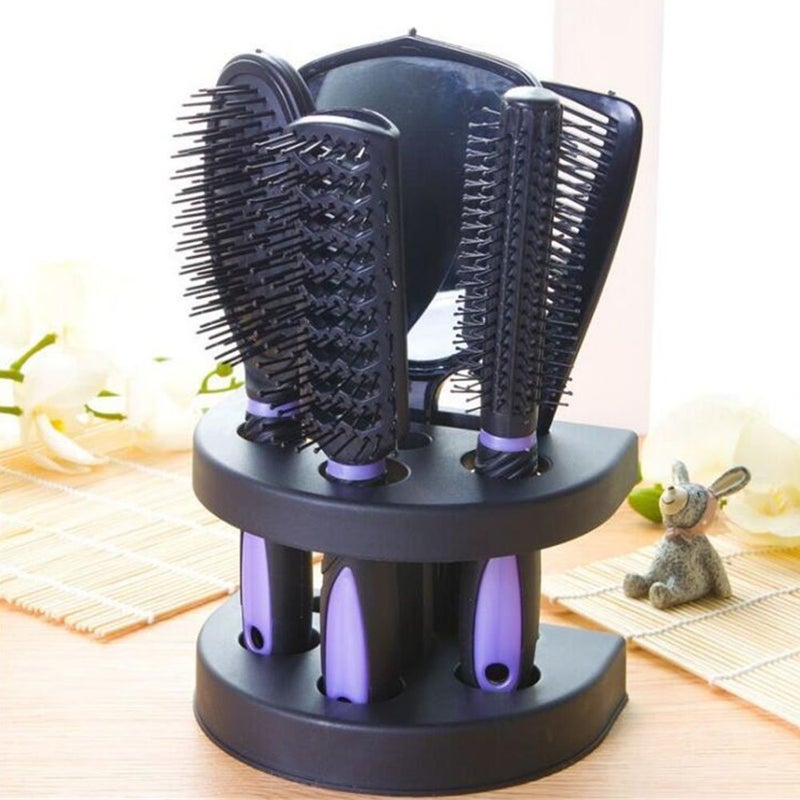 Healthcom 5 Pcs Hair Combs Set Professional Salon Hair Cutting Brushes Sets Salon Hairdressing Styling Tool Mirror And Holder Stand Set Dressing Comb Kits for Women and Men,Purple - Image 1